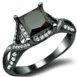 Size 7 925 Black Plated Square Cut Black Stone Ring